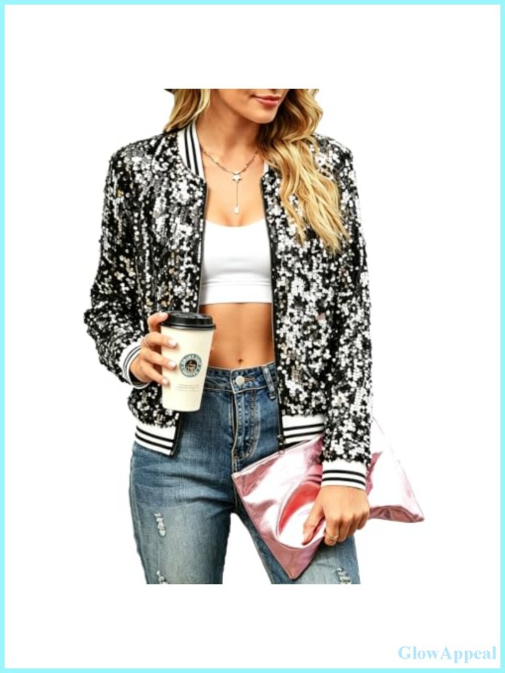 Women's Sequin Jacket Sparkle Glitter Bomber Coat Long Sleeve